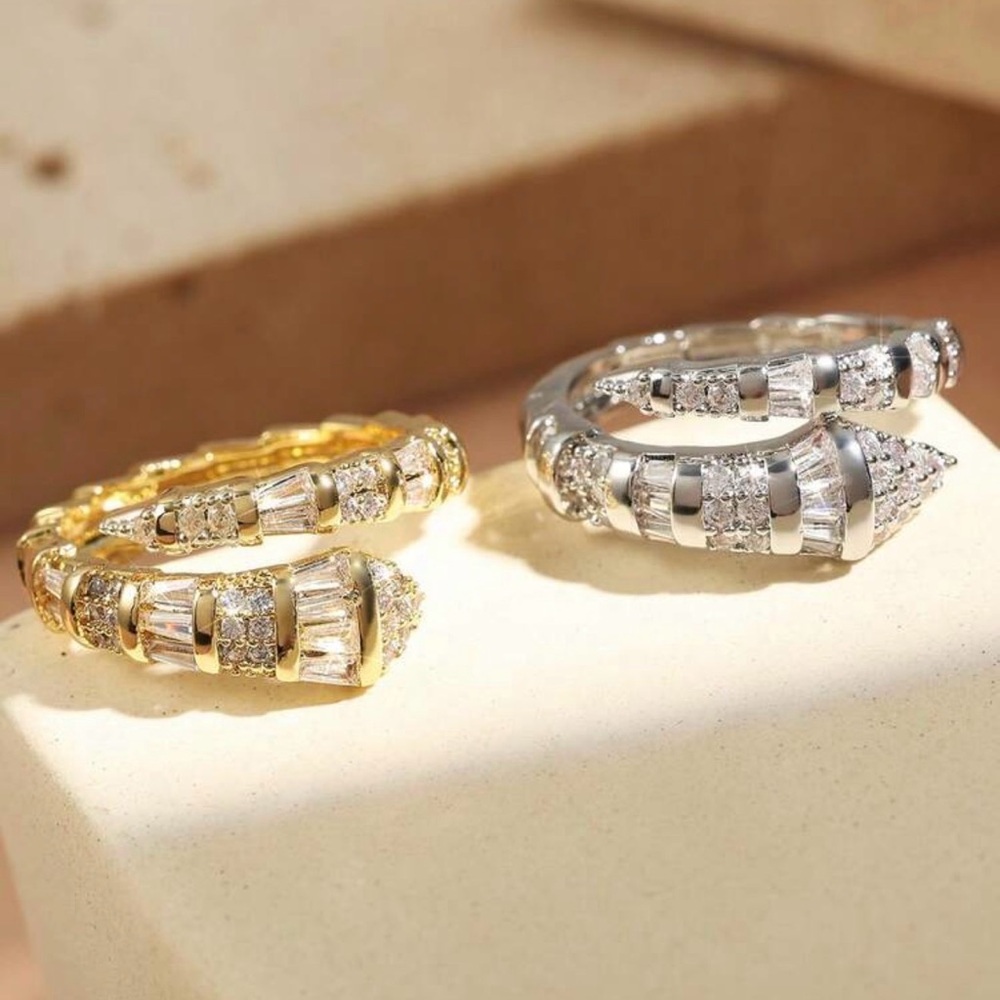 Bvlgari Inspired Gold Crystal Pavé Spiral Ring - Elegant Women’s Jewelry